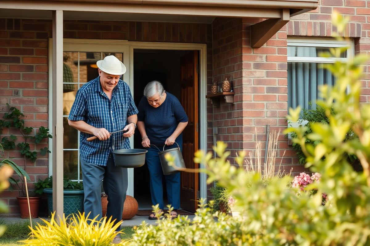 Senior homeowners in the garden outside their suburban home.