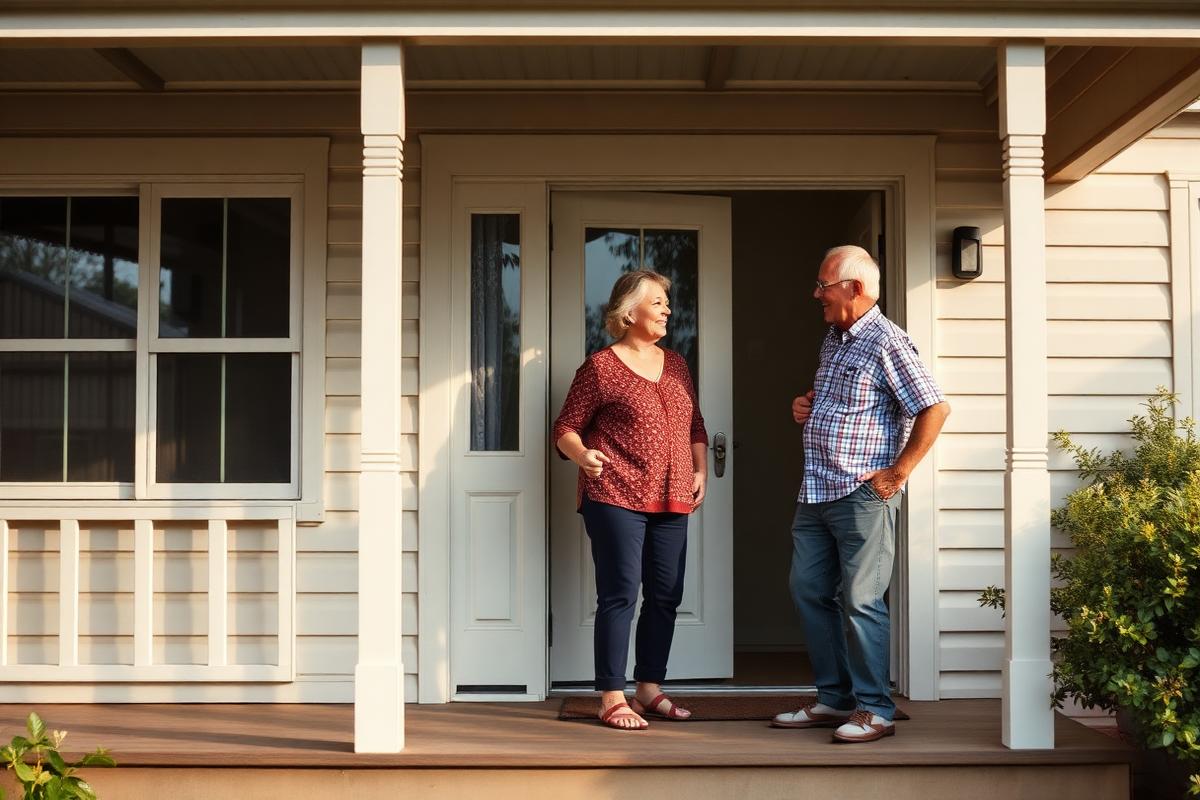 Senior couple on the verandah at the front door of their home.