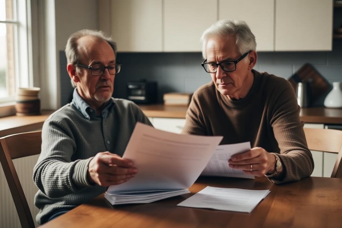Senior couple reviewing loan paperwork at their kitchen table.