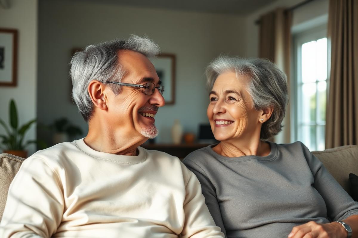 Senior Australian couple relaxed together in their living room at home.